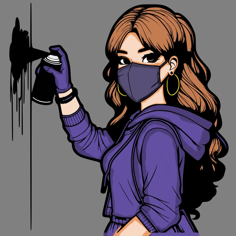 realistic girl with mask spray painting a wall