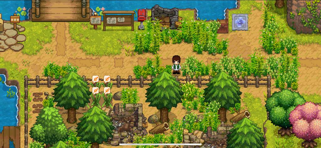 Top-down view of a character in a lush pixel art farm with trees crops and a river