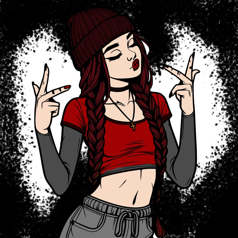 realistic teenage girl with braids and a beanie and crop top doing 🫶🏼