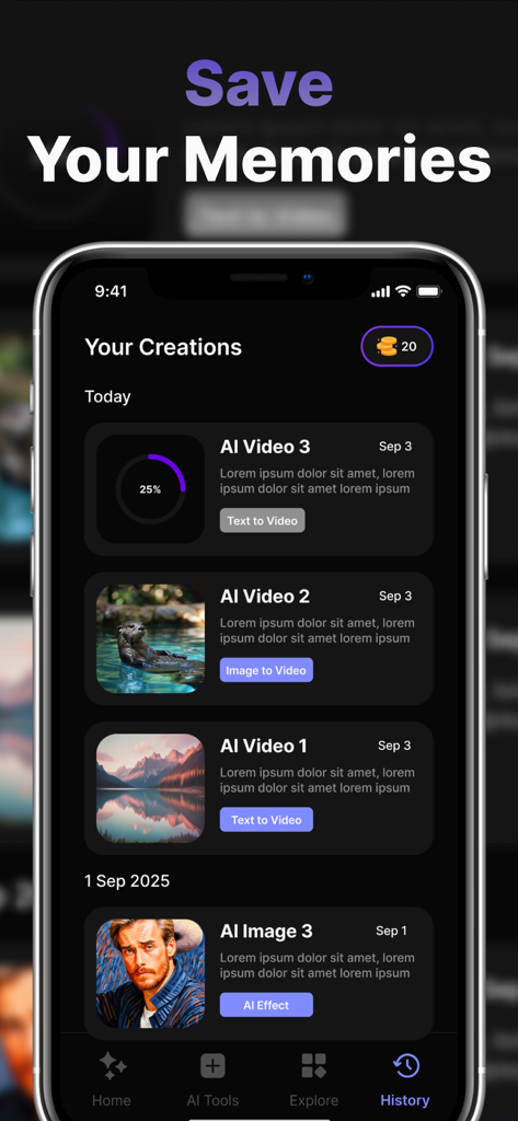 Muse: AI Video,Photo Generator - History screen of Muse AI app showing a list of generated AI videos and images