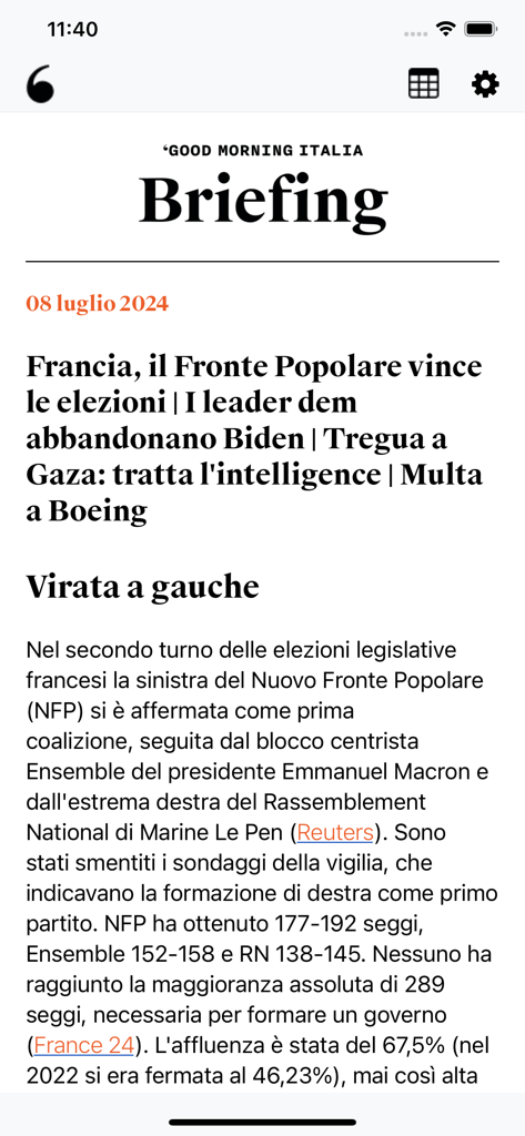 Screenshot of the Good Morning Italia mobile app showing a minimalist daily news briefing with headlines in Italian