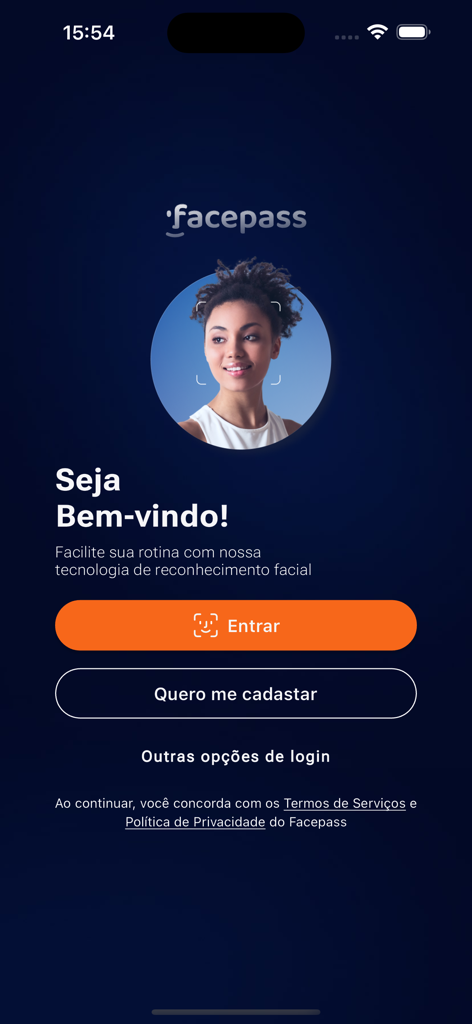 Schermata di benvenuto dell'app Facepass Pessoal che mostra l'interfaccia di accesso tramite riconoscimento facciale