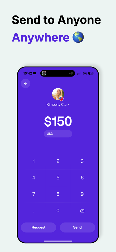 SpotPay: Mobile Wallet - Interfaz de la aplicación SpotPay que muestra una pantalla para enviar ciento cincuenta dólares a un contacto llamado Kimberly Clark