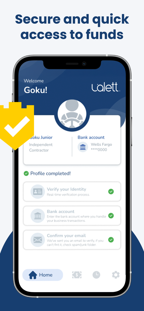 Ualett mobile app profile screen showing completed registration for an independent contractor.