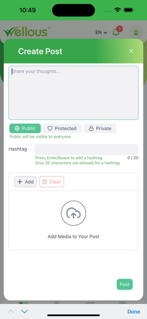WellFam - WellFam app screen for creating a community post with text hashtags and media upload options