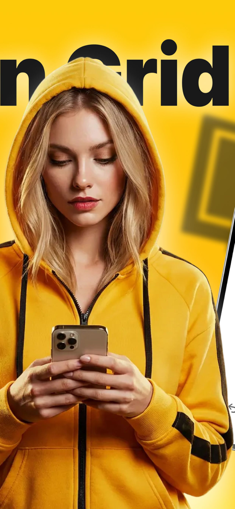 Una joven con una sudadera con capucha amarilla mirando su iPhone mientras juega al juego de lógica Ocean Grid Deduction Silent