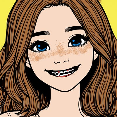a girl with braces smiling with freckles realistic