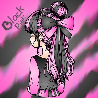 realistic girl  with hip length hair a bun and a big bow on the back of head