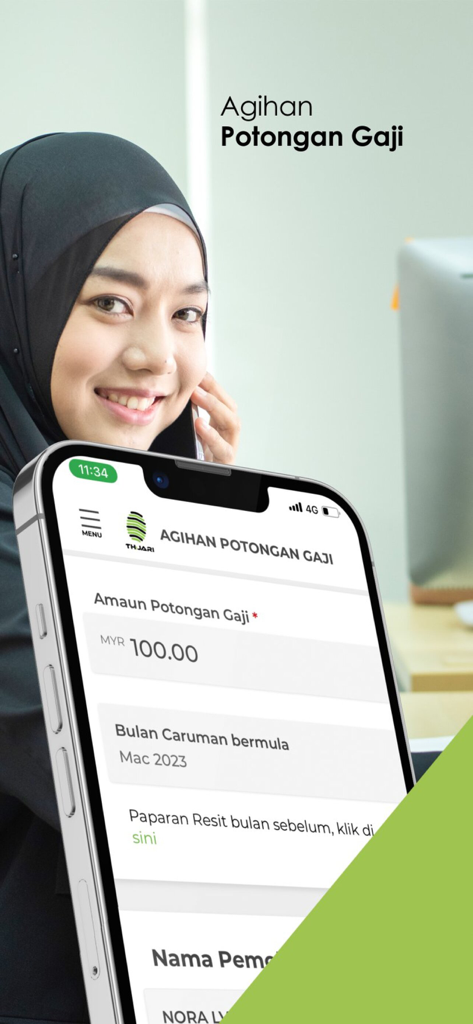 Tabung Haji - Smartphone screen of THiJARI app showing salary deduction for Hajj savings