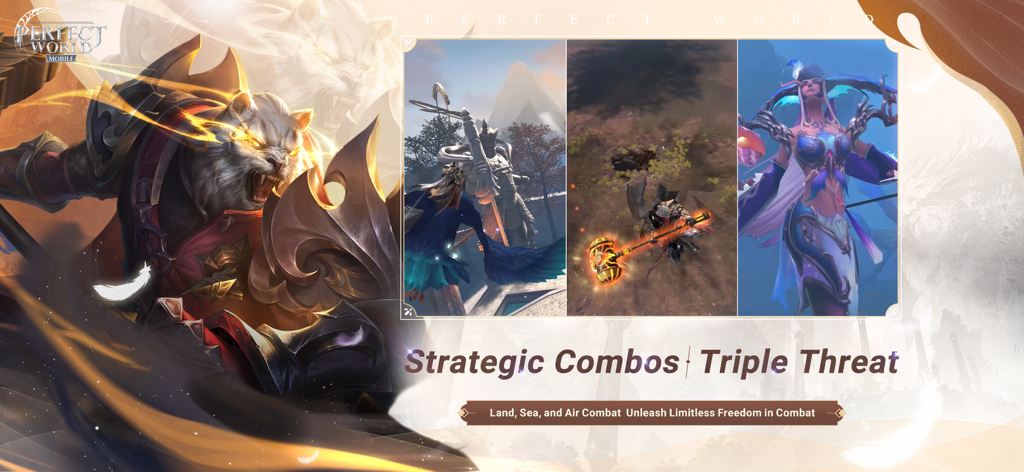 Perfect World Mobile - Promotional artwork for Perfect World Mobile highlighting land sea and air strategic combat featuring various character classes and a tiger warrior