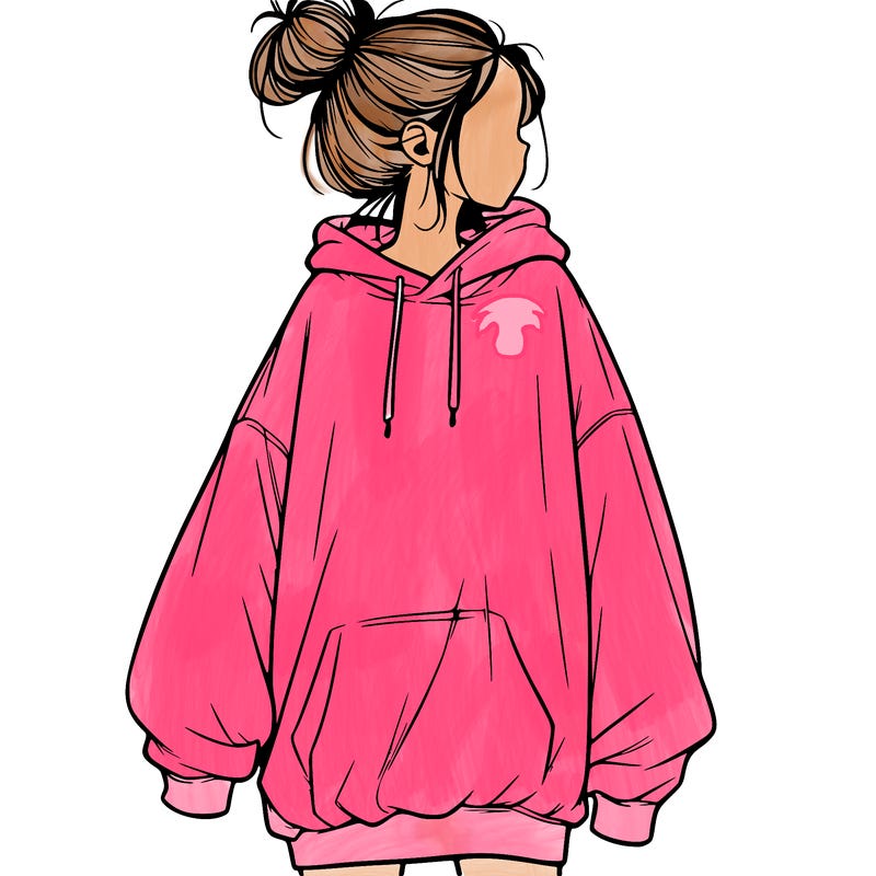 realistic girl with a oversized sweatshirt on and a bun