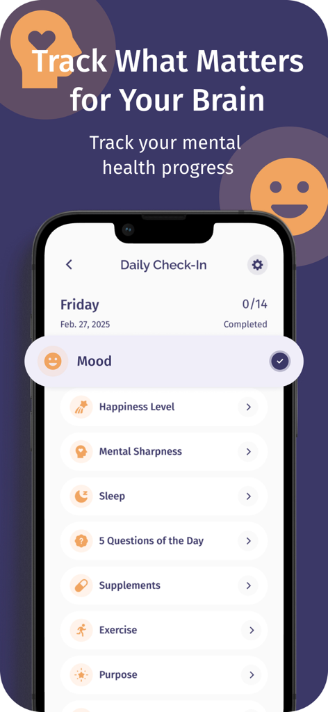 Brain Fit Life: Mental Health - Brain Fit Life app daily check-in screen for tracking mental health metrics including mood sleep and exercise