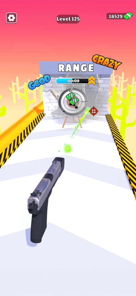 Jogabilidade de Weapon Master mostrando uma pistola atirando em um alvo no nível do estande de tiro