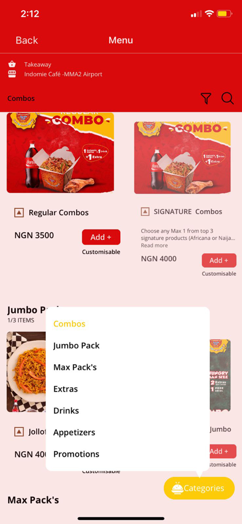 Indomie Cafe - Indomie Cafe mobile app menu screen showing various food categories and combo options.