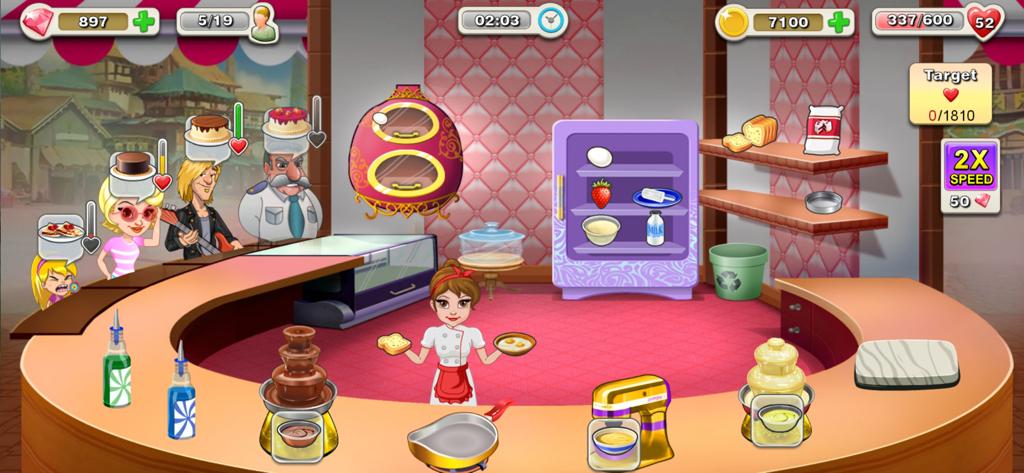 Kitchen Story - Gameplay von Kitchen Story zeigt einen Koch, der Kunden an einer Restauranttheke bedient