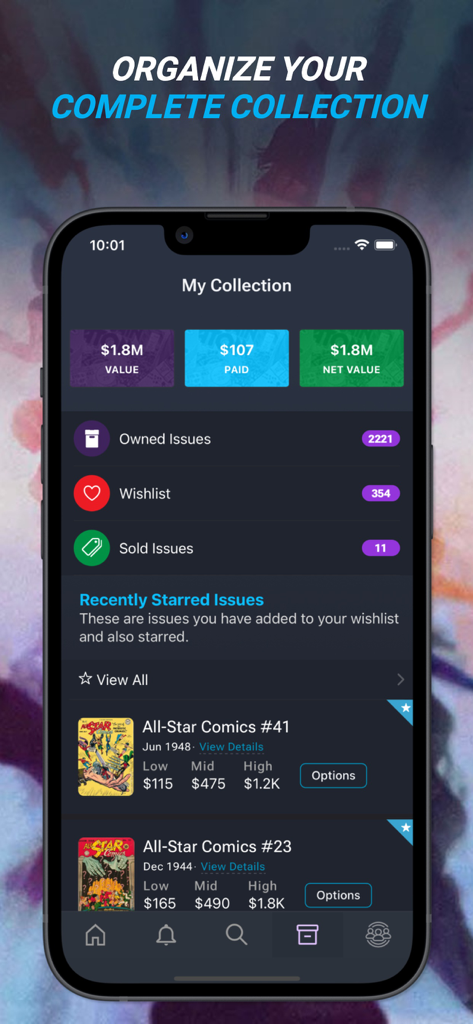 Interfaz de la aplicación Key Collector Comics que muestra el seguimiento del valor de la colección de cómics y la gestión del inventario.