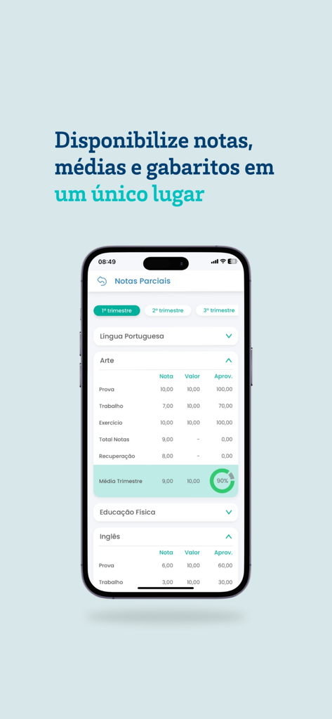 Escolaweb - Escolaweb mobile interface displaying student grades and quarterly averages for various subjects.