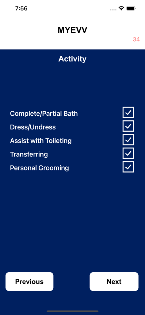 MYEVV - MYEVV app activity screen with checkboxes for tracking patient care tasks like bathing and grooming