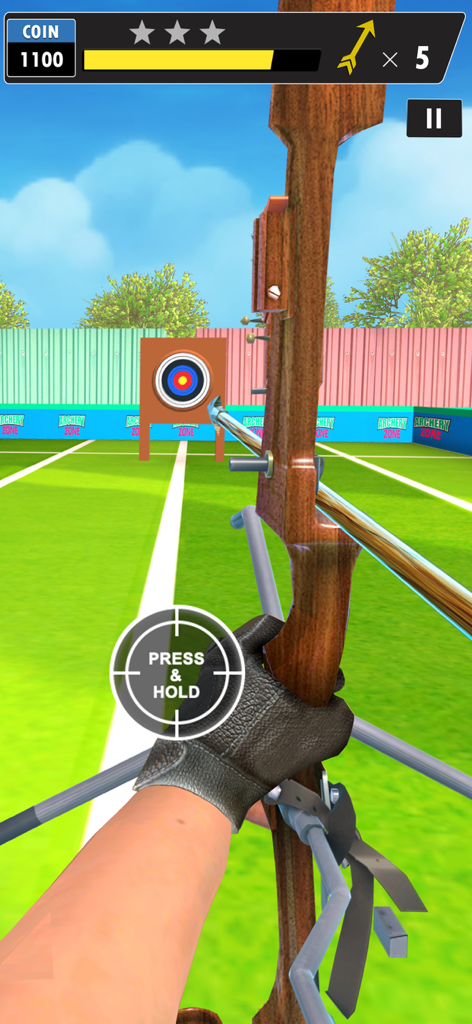 First person view of aiming a wooden bow at a bullseye target in a 3D archery simulator game.