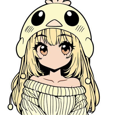 anime girl with chick shaped hat with sweater with bare shoulders with bangs covering them one eye with low tail