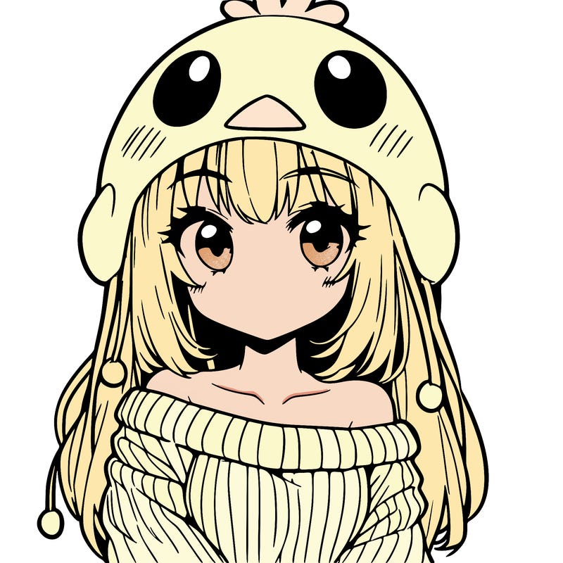 anime girl with chick shaped hat with sweater with bare shoulders with bangs covering them one eye with low tail