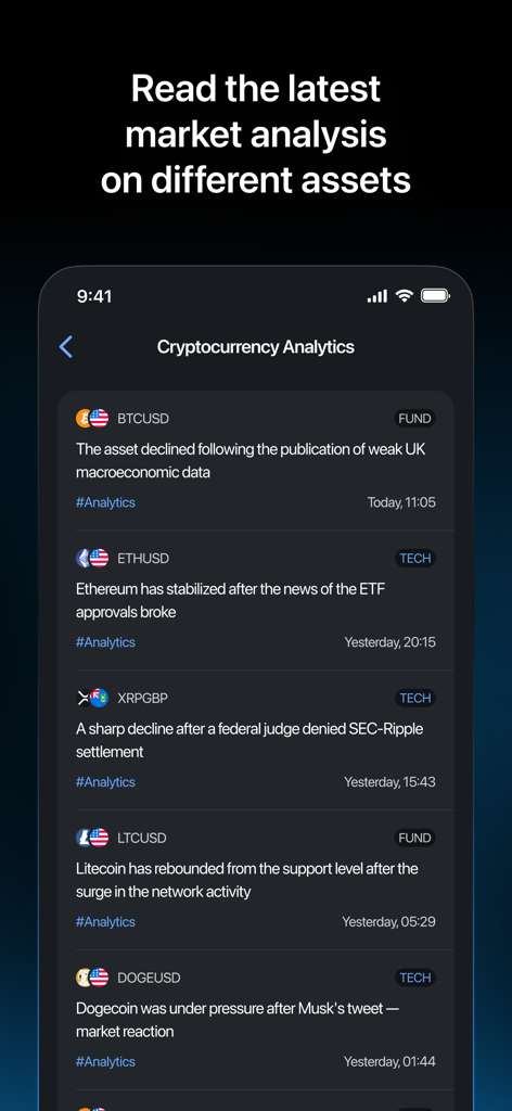 A mobile screen showing cryptocurrency market analysis and news updates for Bitcoin, Ethereum, and Dogecoin within the LiteFinance trading app.