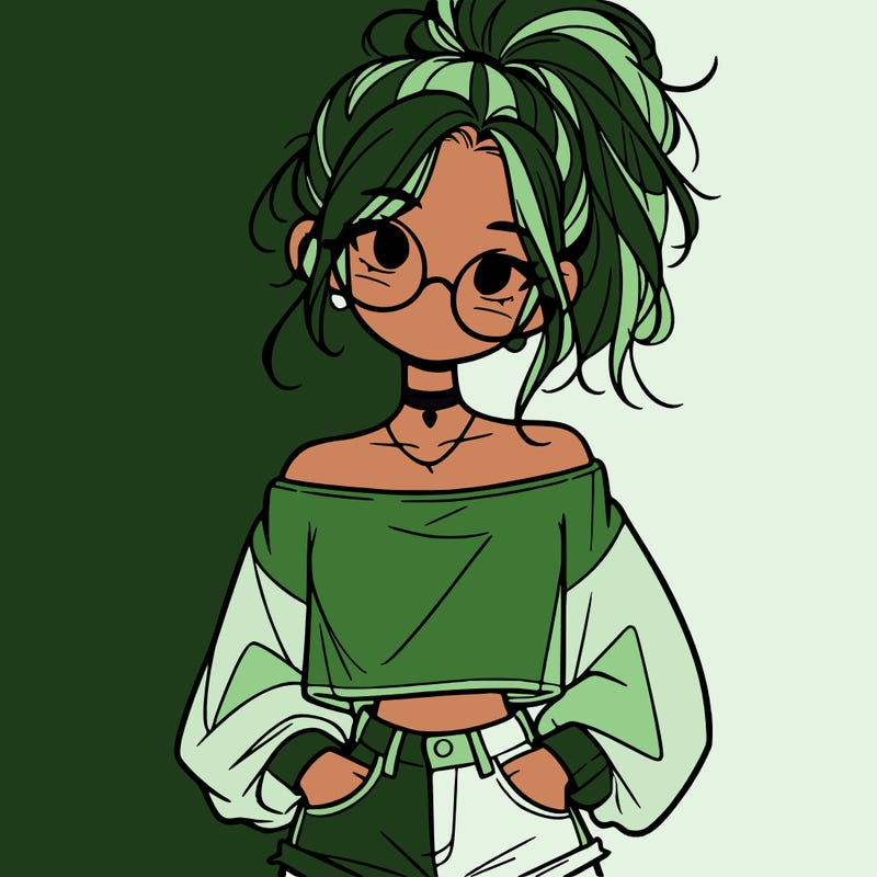 girl with a messy ponytail glasses a baggy crop top and jean shorts