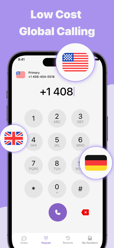 Second Phone Number | 2nd Line - Interface do aplicativo móvel mostrando um teclado de telefone para chamadas globais de baixo custo com bandeiras dos EUA, Reino Unido e Alemanha