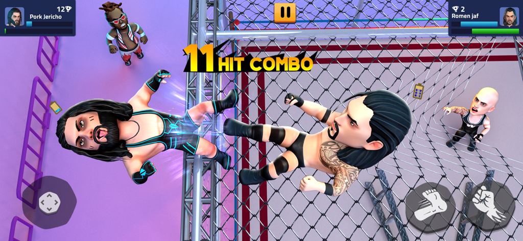 Stylized 3D wrestlers fighting in a steel cage match with a hit combo indicator