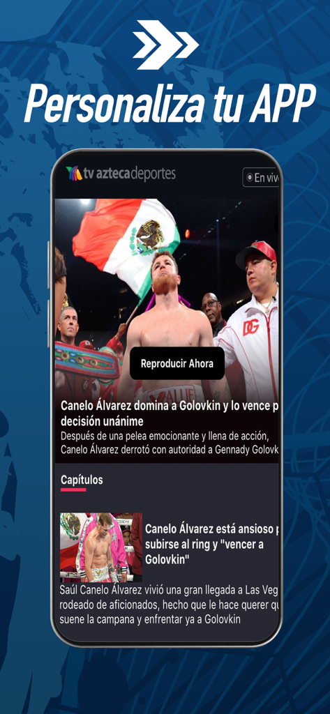 Azteca Deportes : EN VIVO - Azteca Deportes mobile app interface displaying a news article about Canelo Alvarez winning a boxing match.