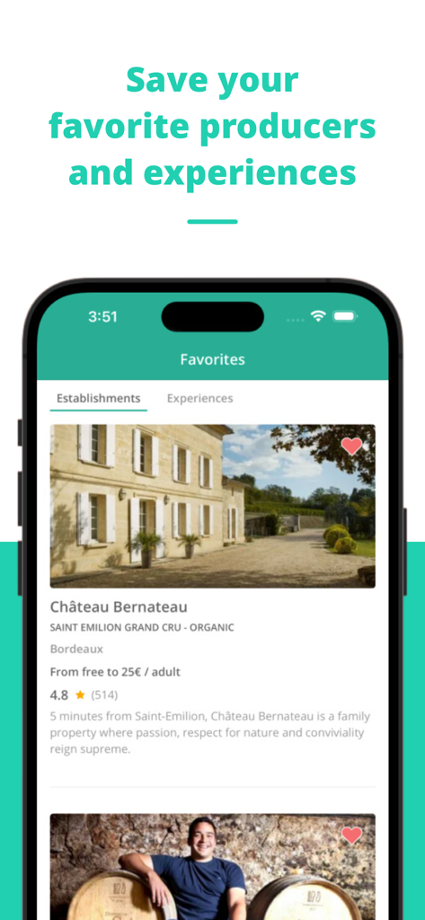 Rue des Vignerons - Rue des Vignerons app interface showing a favorites list of French wineries including Chateau Bernateau.