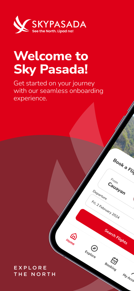 Sky Pasada - Sky Pasada app welcome screen showing a flight booking interface on an iPhone