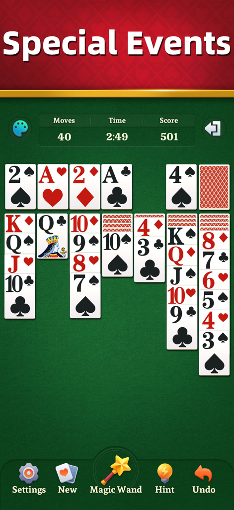 Zen Card: Classic Solitaire - Interfaz del juego Solitario Klondike Clásico mostrando cartas grandes sobre un fondo verde con un banner de eventos especiales