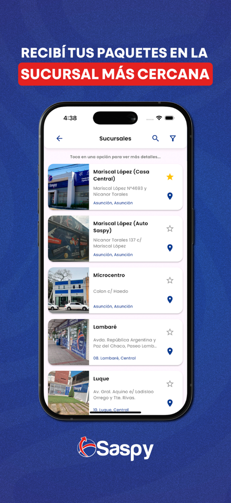 Saspy Express mobile app screen showing a list of branch pickup locations with photos and addresses