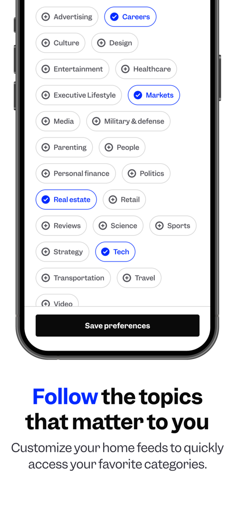 Personalizzazione degli argomenti del feed di notizie nell'app mobile di Business Insider