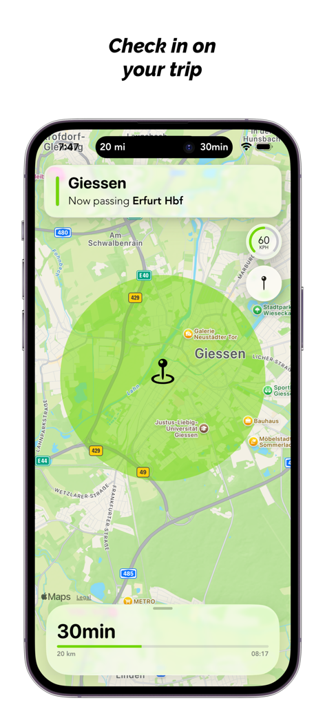 Screenshot dell'iPhone che mostra l'app FlixTrain Destinations con una mappa in tempo reale e un dashboard dello stato del viaggio
