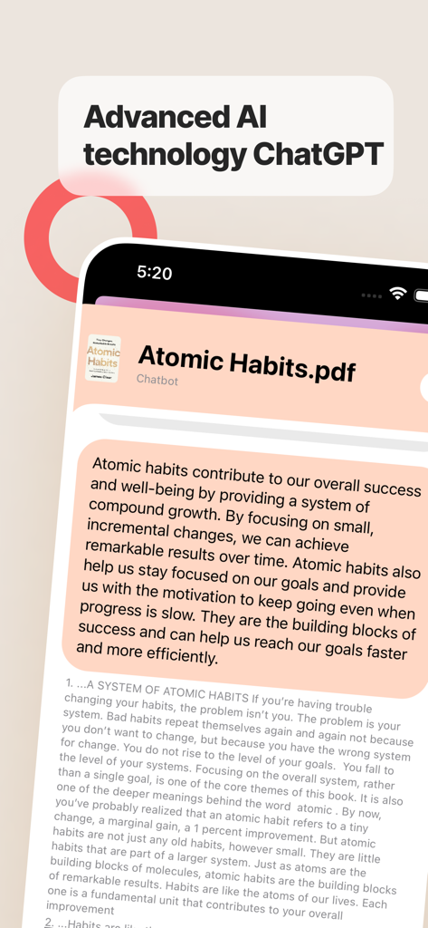 ChatPDF - AI Chat with any PDF - ChatPDFアプリのインターフェース。iPhoneにAtomic Habitsという本のAI生成要約が表示されています。
