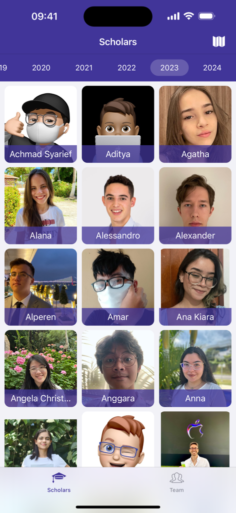 WWDCScholars - A grid of student scholar profiles with names and photos from the 2023 Swift Student Challenge winners