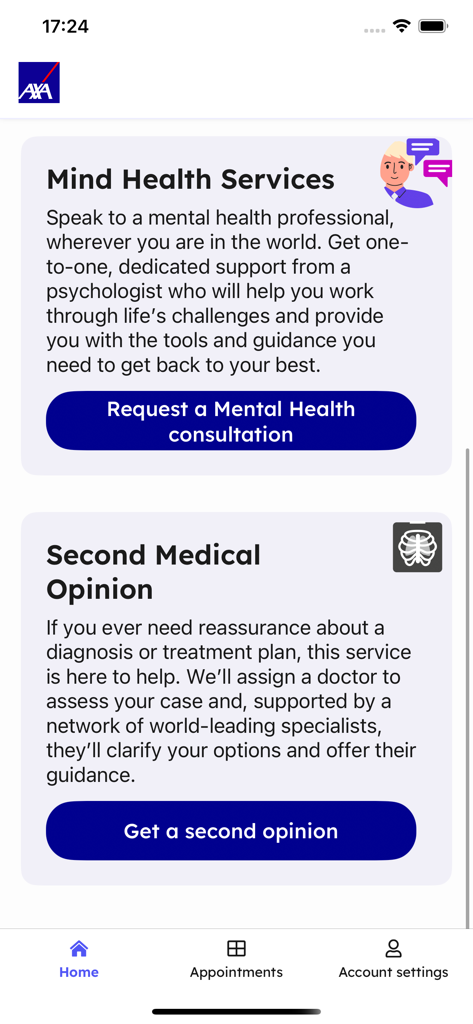 Virtual Care from AXA - Interface of AXA Virtual Care app with mental health and second medical opinion services