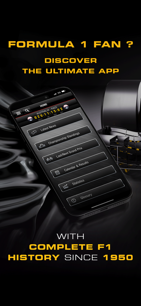 GPGuide - Schermata dello smartphone che mostra la home page dell'app GPGuide con notizie di Formula 1 e dati storici