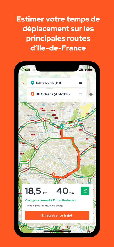 Schermata dell'app SYTADIN che mostra una mappa del traffico in tempo reale di Parigi con un percorso pianificato e il tempo di percorrenza stimato.