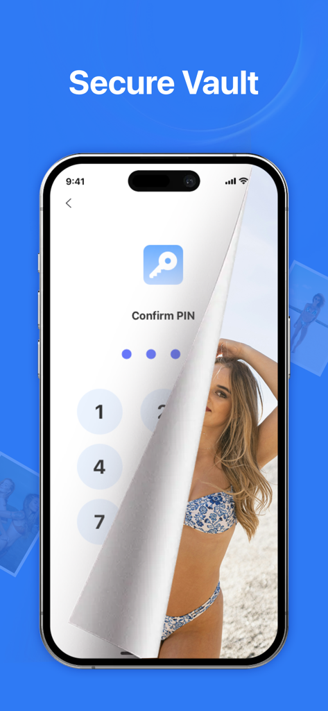 A mobile screen showing the secure vault feature with a PIN entry keypad and a hidden photo
