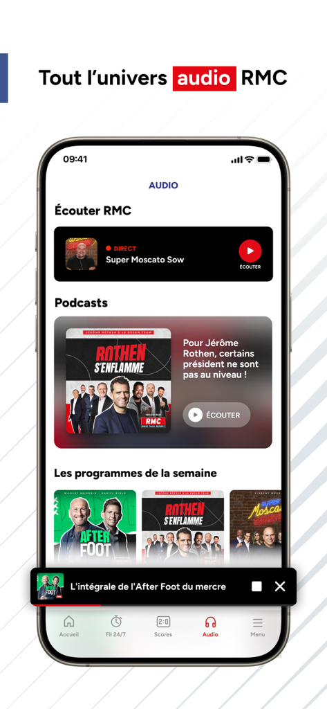 RMC Sport News app audio section featuring live radio and sports podcasts like After Foot and Rothen senflamme