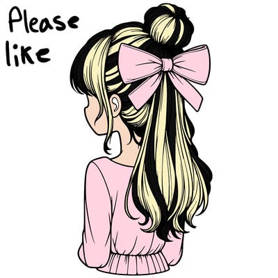 realistic girl  with hip length hair a bun and a big bow on the back of head