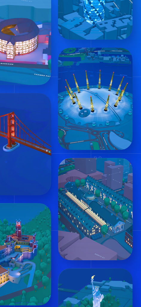 금문교와 자유의 여신상을 포함한 세계 랜드마크의 상세한 3D 렌더링 콜라주