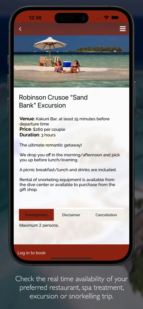 MeeruMaldives - MeeruMaldives mobile app interface displaying a romantic sandbank excursion booking page