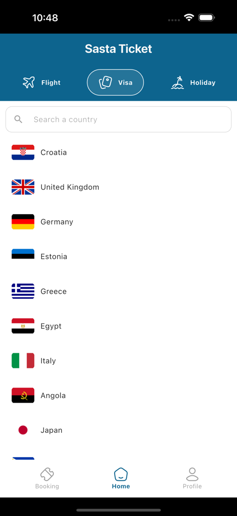 Sasta Ticket - Visa application screen on the Sasta Ticket mobile app showing a searchable list of countries with their flags