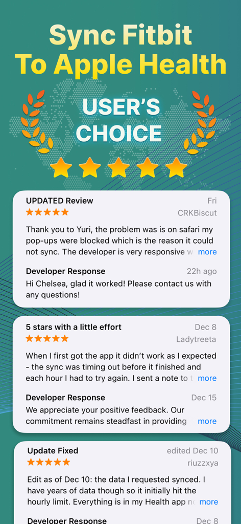 User reviews and 5-star ratings for the Fitbit Sync to Apple Health app