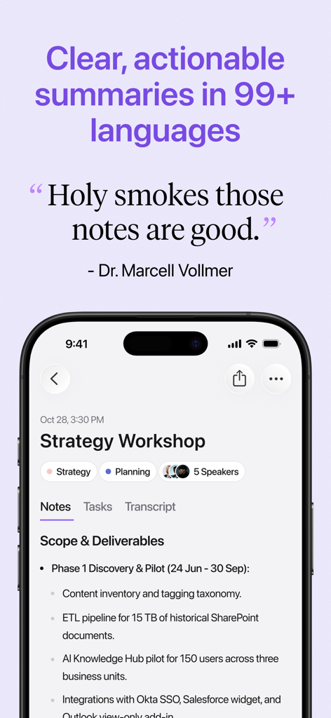Jamie - AI Note Taker - Jamie AI Note Taker interface showing meeting summary and tasks on iPhone
