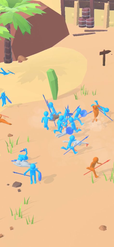 Blue and orange stickman soldiers clashing in a desert battlefield.